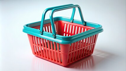 Fototapeta premium Colorful plastic grocery basket against a clean white background. Ideal for product photography and retail use.