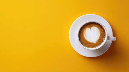 White cup of coffee with heart-shaped latte art on yellow background