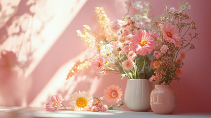 Różowe wazy z kwiatami w wielu kolorach, delikatna kompozycja