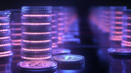 Virtual 3D Chart with Glowing Bars Made of Stacked Coins, Each Increasing in Height, Symbolizing Steady Economic Growth on a Futuristic Background