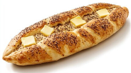 A freshly baked loaf of Turkish pide bread sprinkled with sesame seeds, displayed with butter 