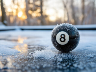 a pool 8 ball in an icy environment covered with frost