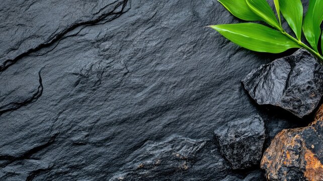 Textured black slate background with green leaves and rocks