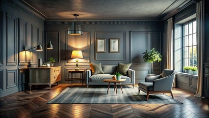 Fototapeta premium Cozy gray room bathed in dim light; moody atmosphere, home décor details highlighted.