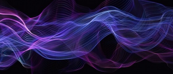 Purple lilac blue abstract looped lines on a black background. Abstraction. Drawing of abstract luminous lines.