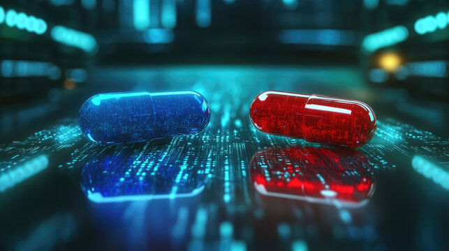 A digital depiction of choosing between a red pill and a blue pill against a futuristic backdrop