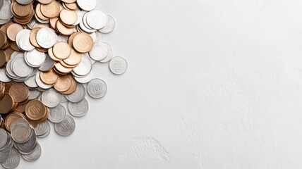 Coins of different denominations scattered on white background