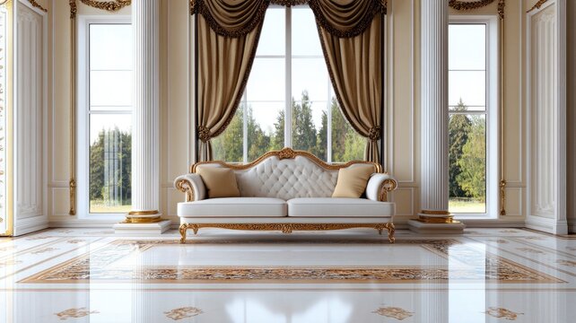 Luxurious living room with white and gold sofa, elegant curtains, large windows