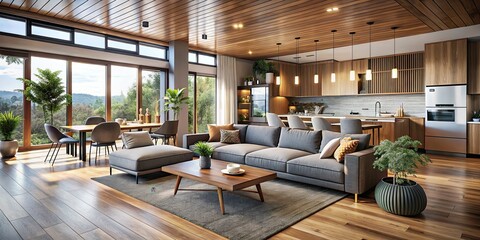 Fototapeta premium Cozy, wood-focused living room blends seamlessly with a bright, open kitchen. AI generated.