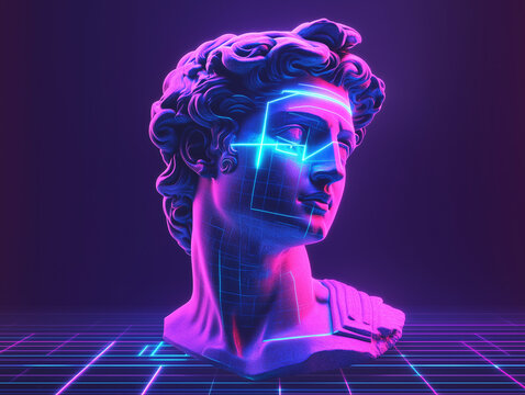 Naklejki Vapor retro synth wave Greek statue of David with neon light cube surrounding his head isolated on blue background, NFT, Cryptocurrency, Crypto