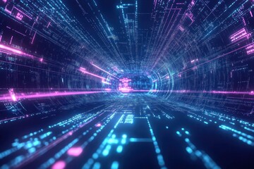 Futuristic digital tunnel with glowing lines and data streams.