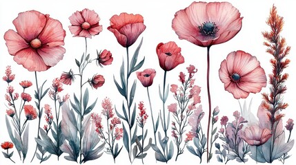 Vibrant Watercolor Illustration of Various Flowers and Botanicals