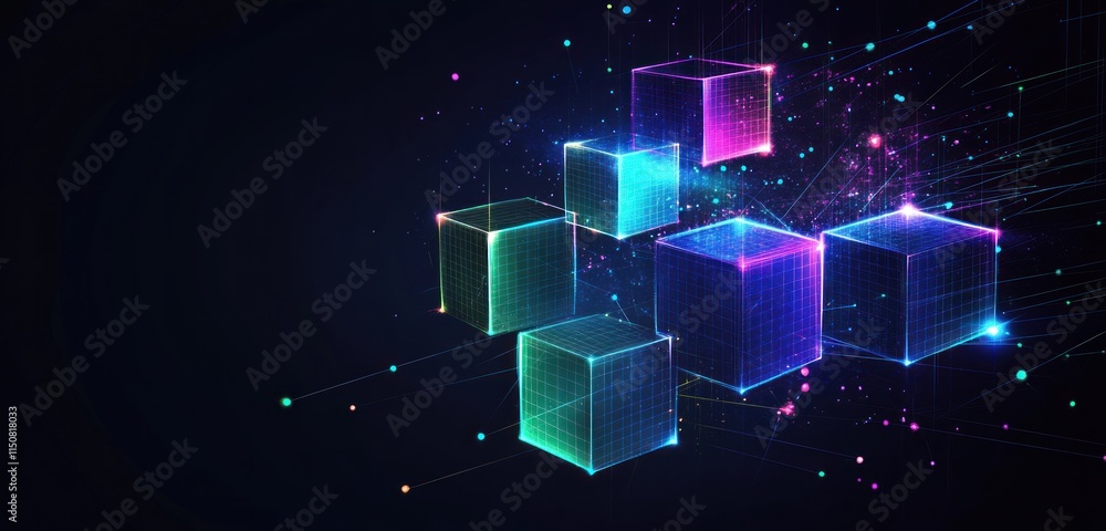 Poster glowing interconnected cubes in dark space.