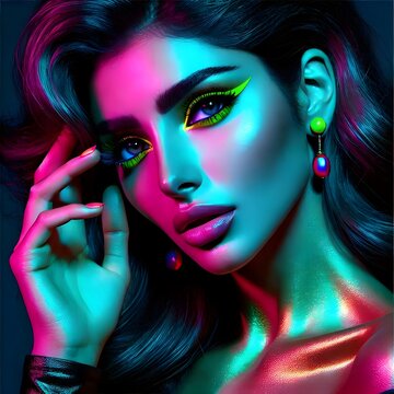 Electric Allure High-Fashion Iranian Model in Vibrant Neon Hues (