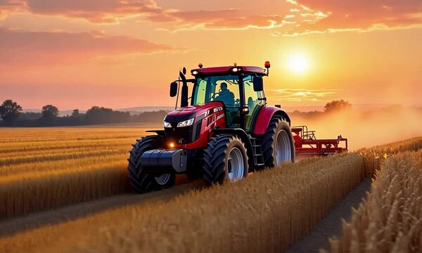Red tractor plowing a field