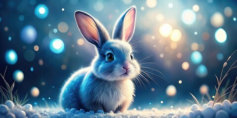 Obraz premium Cute blue and white Nordic rabbit, Easter-themed illustration featuring blurred background and Scandinavian design.