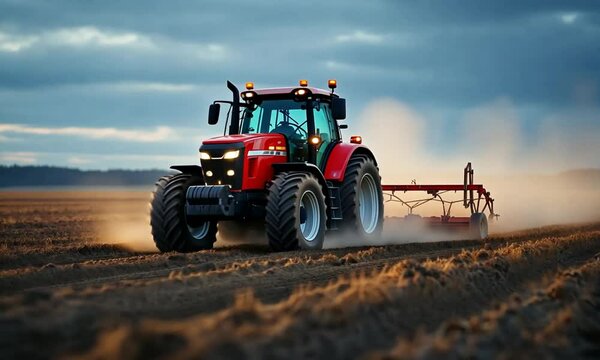 Red tractor plowing a field