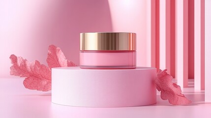 Pink cosmetic cream jar on podium with leaves.