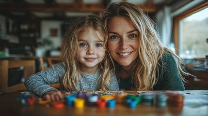 Fototapeta premium A joyful moment between a mother and daughter surrounded by colorful art supplies.