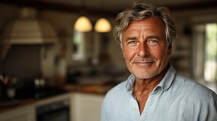 Fototapeta premium Portrait of a smiling mature man in his home kitchen.