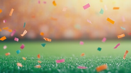 Colorful Confetti Falling on Empty Stadium Field, Celebrating Victory in Sports Event, Blurred Background, Festive Atmosphere, Abstract Concept of Joy, Bright Colors, Green Grass Surface