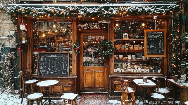 Charming Cozy Winter Cafe Shopfront Decorated for Christmas