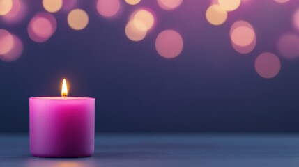 Flaming Purple Aroma Candles at Night on Blurred Dark Background with Soft Bokeh Lighting for Relaxation and Tranquil Ambiance in Spa and Meditation Settings