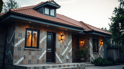A two-story house with a tiled roof, featuring a stone facade with patterned tile accents.  The home has multiple windows and exterior lighting, and a visible front entrance.
