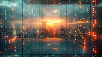 Fototapeta premium Sunset cityscape viewed from a modern glass-walled room with data visualizations.