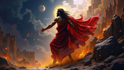 Dynamic and powerful artwork of almighty Jesus Christ in red robe walking on fiery embers