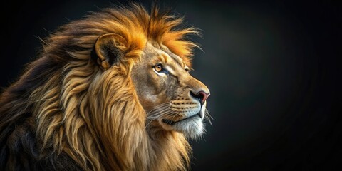 Fototapeta premium Dark night, majestic lion. UHD wallpaper showcasing a powerful predator against a black background. Wildlife photography at its finest.