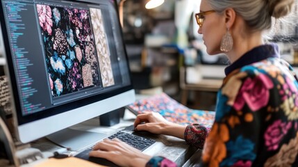 Fototapeta premium A close-up of a textile designer working on a computer, digital patterns appearing on screen, fabric swatches nearby, creative process,
