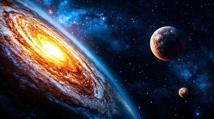 Majestic Spiral Galaxy with Planets in Vast Cosmic Background
