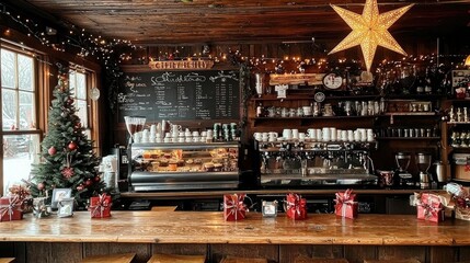 Cozy Christmas Coffee Shop Interior with Festive Decorations and Espresso Machine