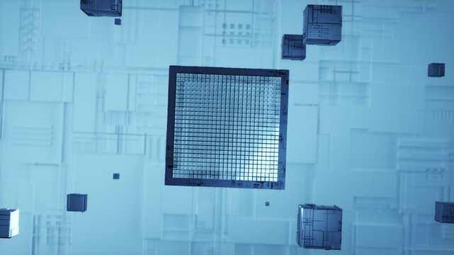 High tech chip array animation, processor industrial production. Future technology CPU circuit processor chip virtual computer animation, robotic electronic production, manufacturing.