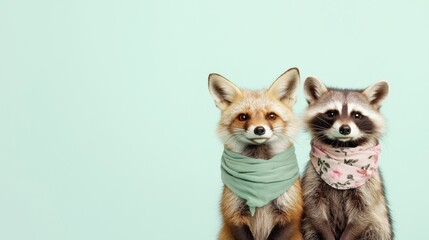 Obraz premium Chic forest animal friends: fox and raccoon with silk scarves for whimsical design