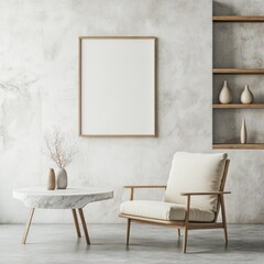 Minimalist living room with armchair, coffee table, and empty frame mockup.