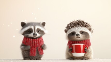 Cute raccoon and hedgehog enjoying a cozy hot drink in red scarf winter scene