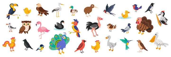 Naklejka premium Colorful collection of cartoon birds in various poses and activities