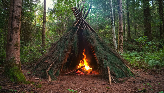 Primitive Bushcraft Survival Shelter with Campfire in the Forest, Traditional Wikiup Tepee-style Structure