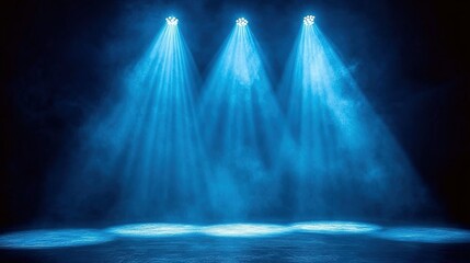 Three blue spotlights illuminating a smoky stage.
