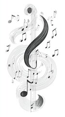Treble clef with musical notes and swirling lines.