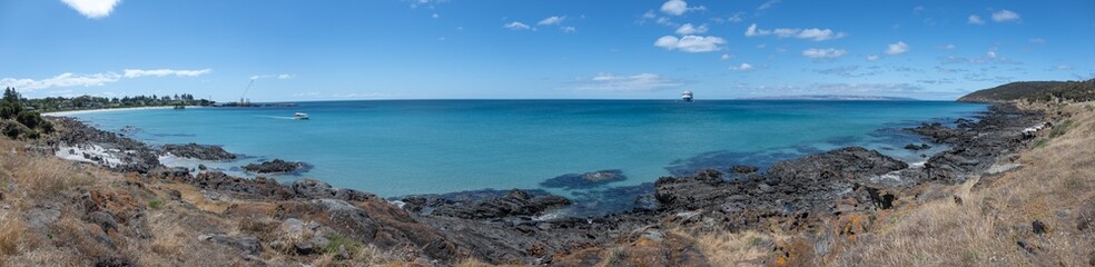 Hog Bay, Kangaroo Island, pano panorama banner, Penneshaw area landscape, arrival port for cruise ships, travel tourism holiday vacation destination