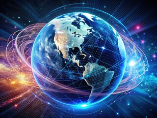 Fototapeta premium Double exposure: AI reveals Earth intertwined with digital code, a Global Tech Network vision.