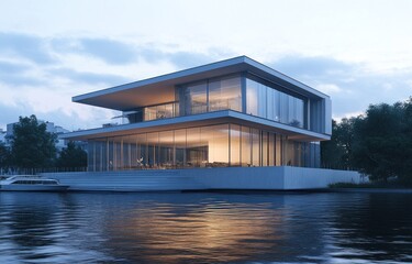 Modern glass house on waterfront at dusk.