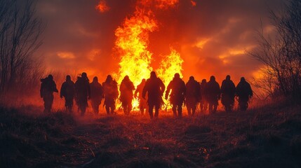 Silhouetted figures approach a fiery backdrop, evoking themes of conflict and resilience.