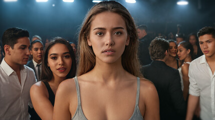 Obraz premium young woman or teenage girl with shocked unhappy facial expression, waiting worried, in crowded nightclub full of dancing young people, introverted