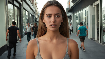 young woman or teenage girl with shocked unhappy facial expression, waiting , city center with people in the shopping street