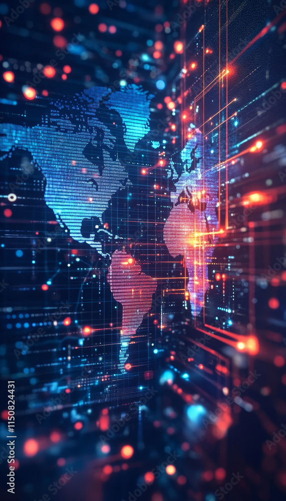 Poster digital landscape featuring world map with vibrant data streams and connections