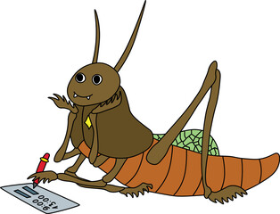 A contented happy locust Lies on its stomach, bending its front legs at the elbows and placing them under its head, the locust holds a pen and writes on paper